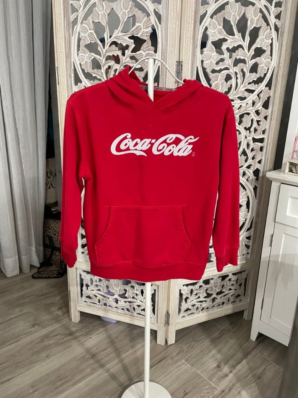 Coca-Cola Red Pullover Hoodie White Script Logo Kangaroo Pocket